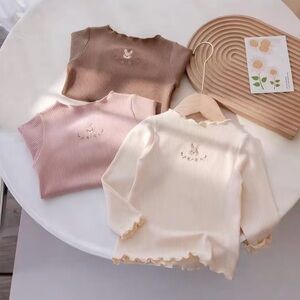3pcs Ribbed Long Sleeve Tops - Pink, Taupe, Cream